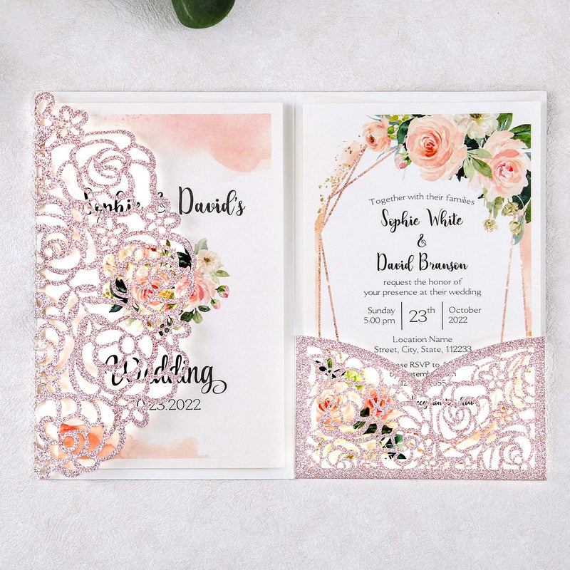 DreamBuilt 4.7 x7 inch 50PCS Blank Rose Gold Glitter Wedding Invitations Kit Laser Cut Hollow Rose Pocket Wedding Invitation Cards with Envelopes for Wedding Bridal Shower Engagement Invite - Image 4